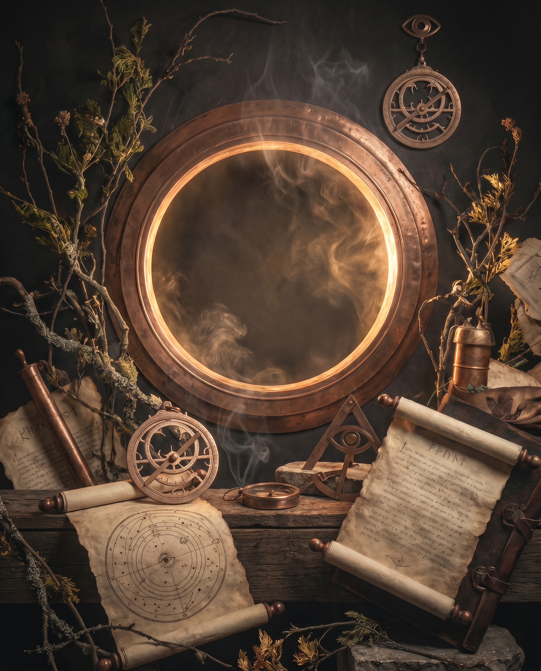 Composição editorial da Bruxa do Marketing com portal, cobre envelhecido e atmosfera ritual